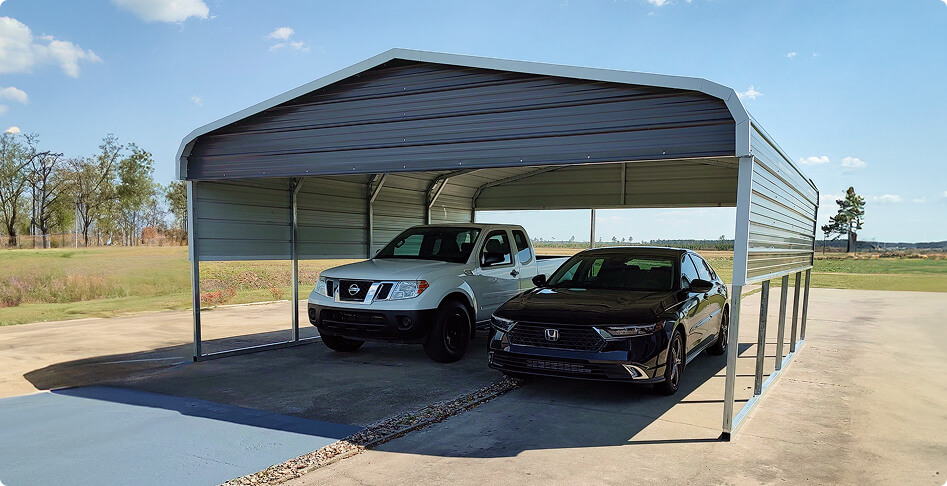 20x20 regular roof metal carport sheltering two vehicles on a concrete driveway