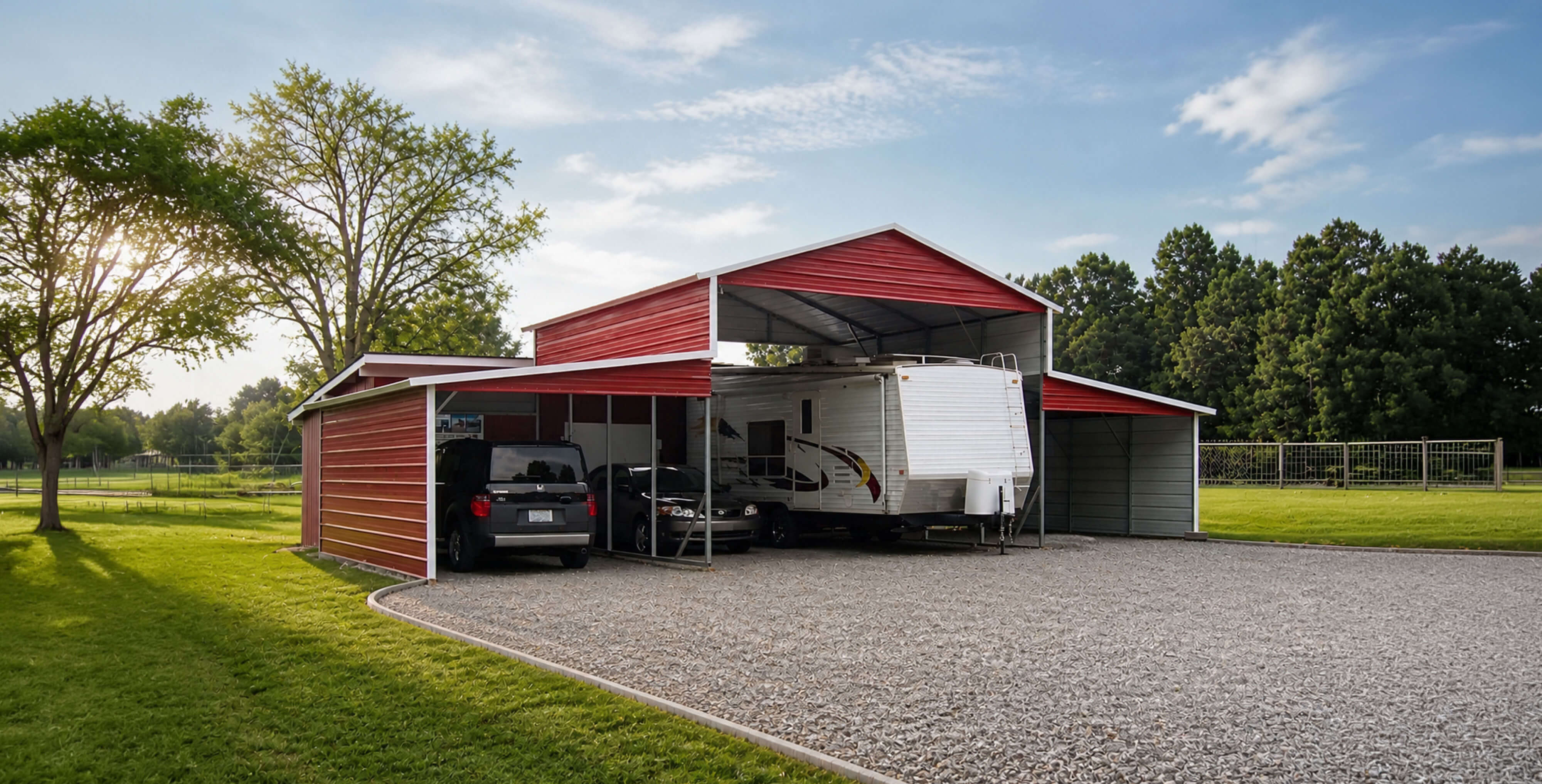 Large red and white metal barn-style RV carport with a tall gabled center bay flanked by two lower lean-to sides, sheltering a white travel trailer, a black SUV, and a silver car. The structure sits on a gravel pad surrounded by green grass and mature trees under a partly cloudy sky.