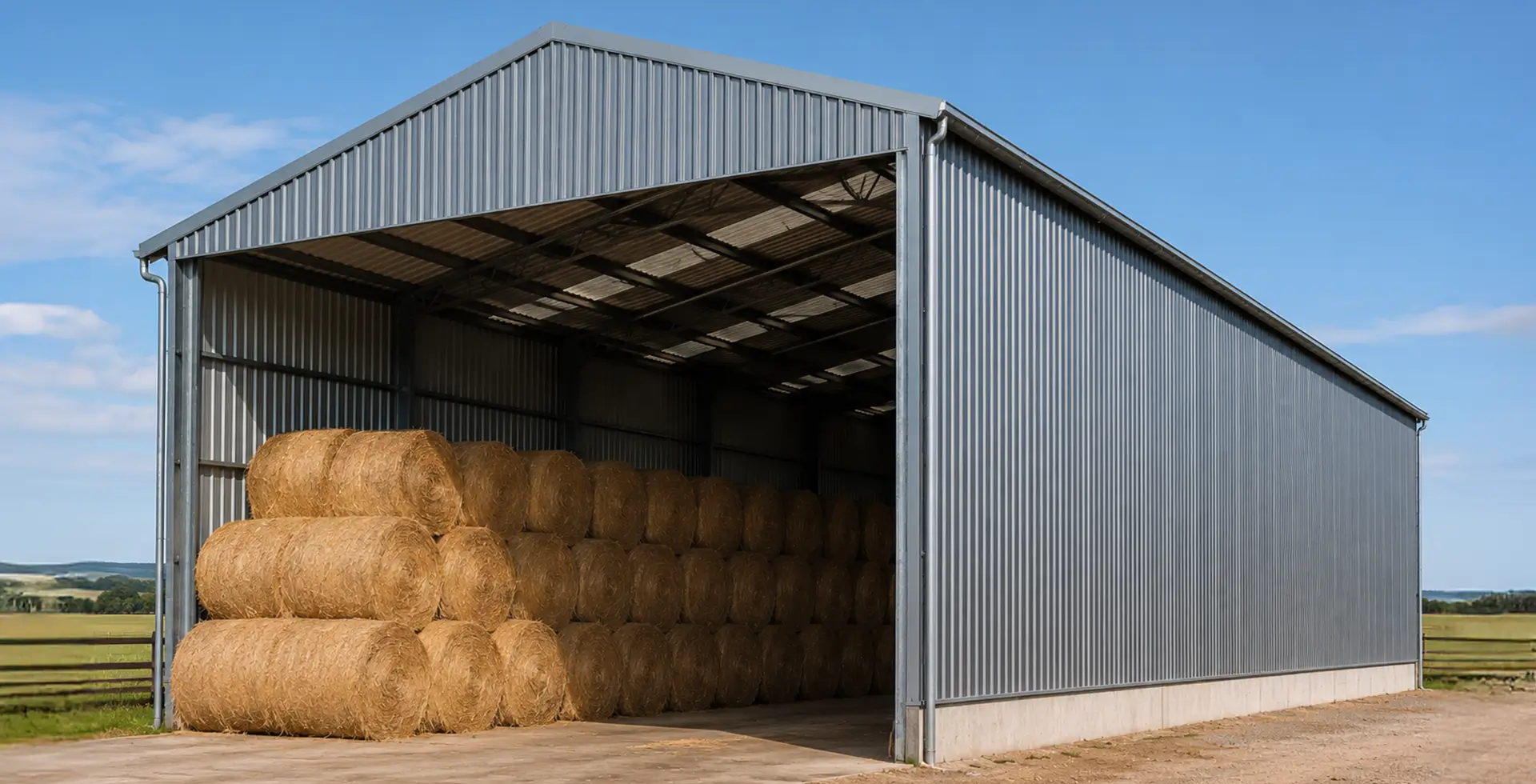 Large open-sided gray metal pole barn with a gabled roof, used for agricultural storage. Stacked round hay bales fill the front of the open bay, with the structure sitting on a concrete foundation in a flat rural field under a clear blue sky.