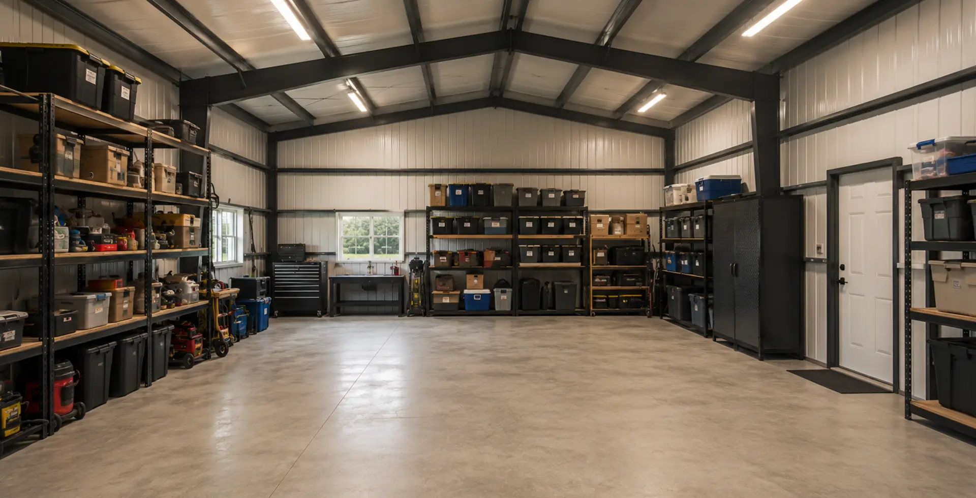 Spacious interior of a metal storage and workshop building with white walls, exposed black steel trusses, bright overhead lighting, and a polished concrete floor. The space is organized with rows of black metal shelving units holding storage bins, tools, and equipment, along with workbenches and cabinets along the walls.