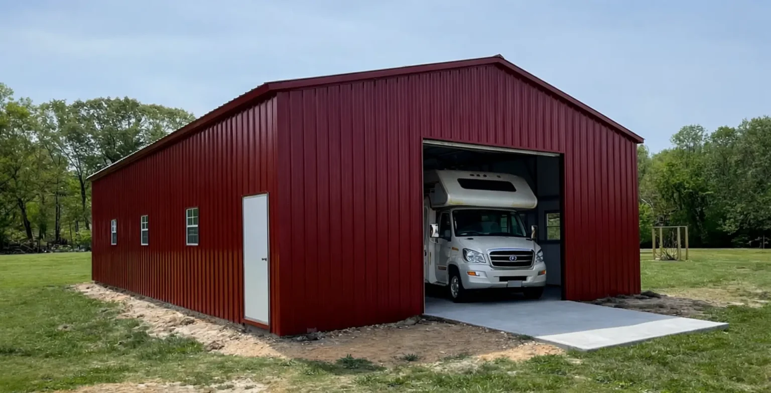 Large red steel RV garage with oversized roll-up door and covered storage space for motorhomes, campers, and recreational vehicles on a rural property.