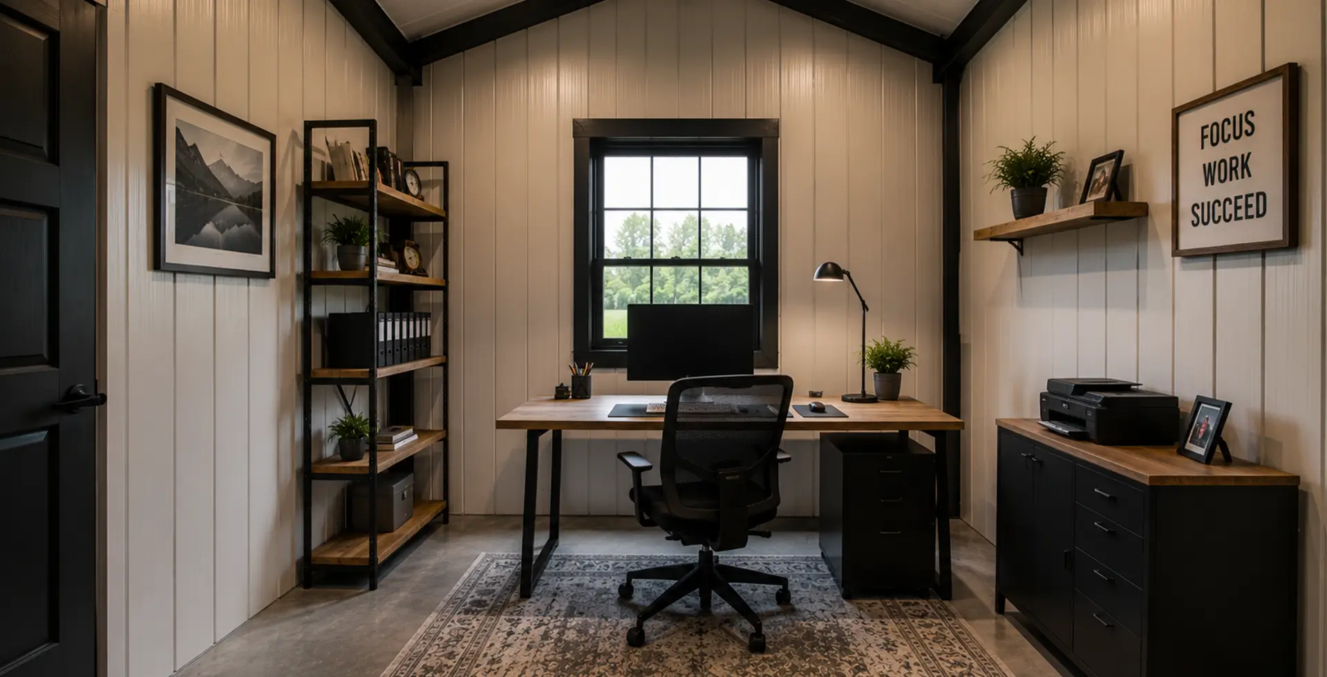 Cozy home office inside a metal building featuring white vertical board-and-batten walls with black trim, a wooden desk with an office chair, a black framed window overlooking a green field, an industrial wood and metal bookshelf with binders and decor, a printer on a black cabinet, and a "Focus Work Succeed" sign on the wall.