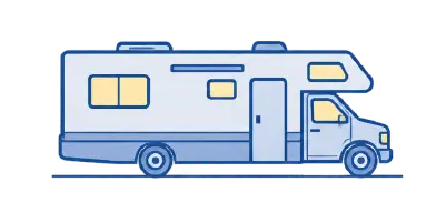 Illustration of an RV used to demonstrate clearance and sizing considerations for side-entry garage and metal building storage solutions.