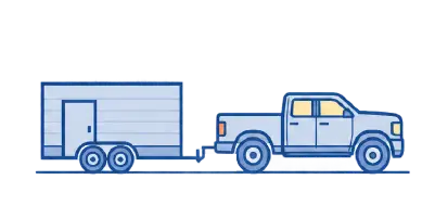 Illustration of a pickup truck towing an enclosed trailer for garage sizing and side-entry metal building clearance planning.