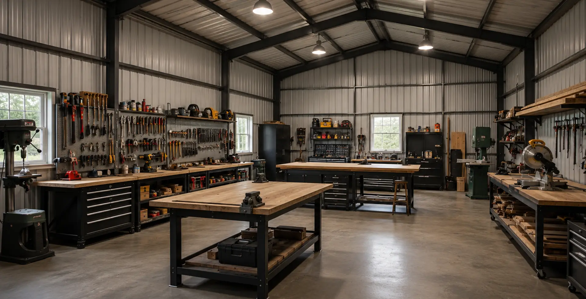Spacious interior of a metal workshop building with exposed steel trusses and ribbed gray walls, featuring multiple wooden workbenches, tool-organized pegboard walls with various hand tools and power tools, black storage cabinets, a drill press, a miter saw station, and a polished concrete floor.
