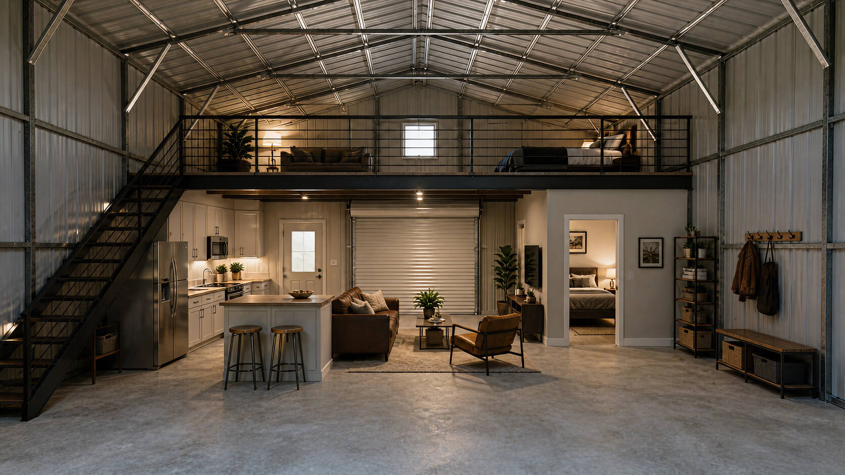 Spacious interior of a metal barndominium with exposed steel trusses and a vaulted ceiling, featuring an open-concept layout with a modern kitchen, central island with bar stools, brown leather living room furniture, polished concrete floors, a black metal staircase leading to an upper loft level, and a separate bedroom visible through a doorway on the right.