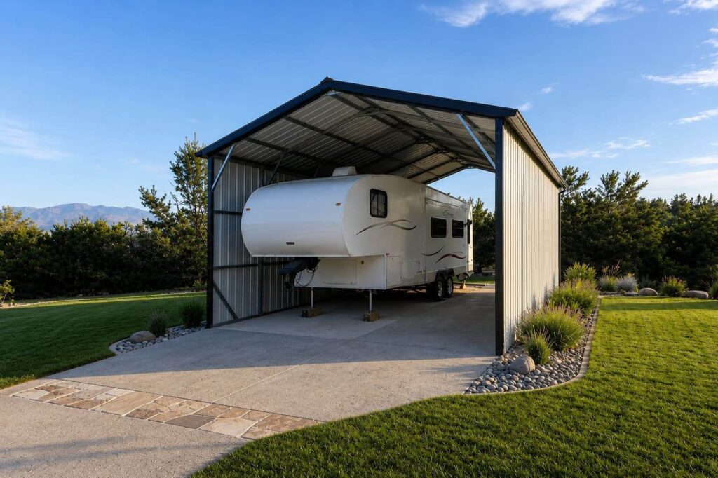 A fifth wheel travel trailer parked under an open metal RV carport on a concrete pad, with mountain views in the distance, illustrating an open-sided shelter that protects an RV from sun, rain, and hail damage.