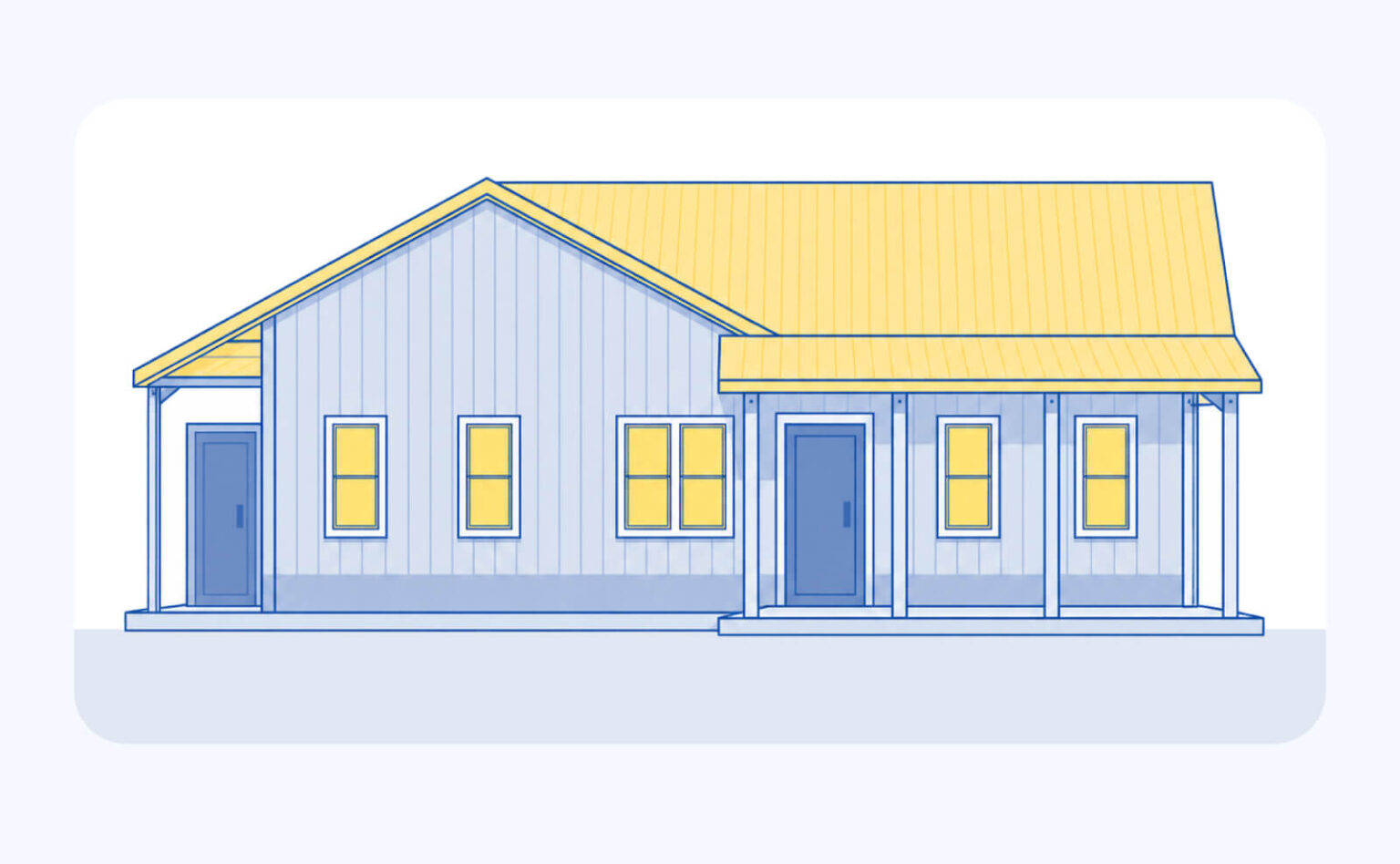 Illustration of a single-story, small bardominium with a yellow roof, light blue siding, and a small front porch supported by columns. Several rectangular windows glow yellow, and two doors are visible on the front facade.