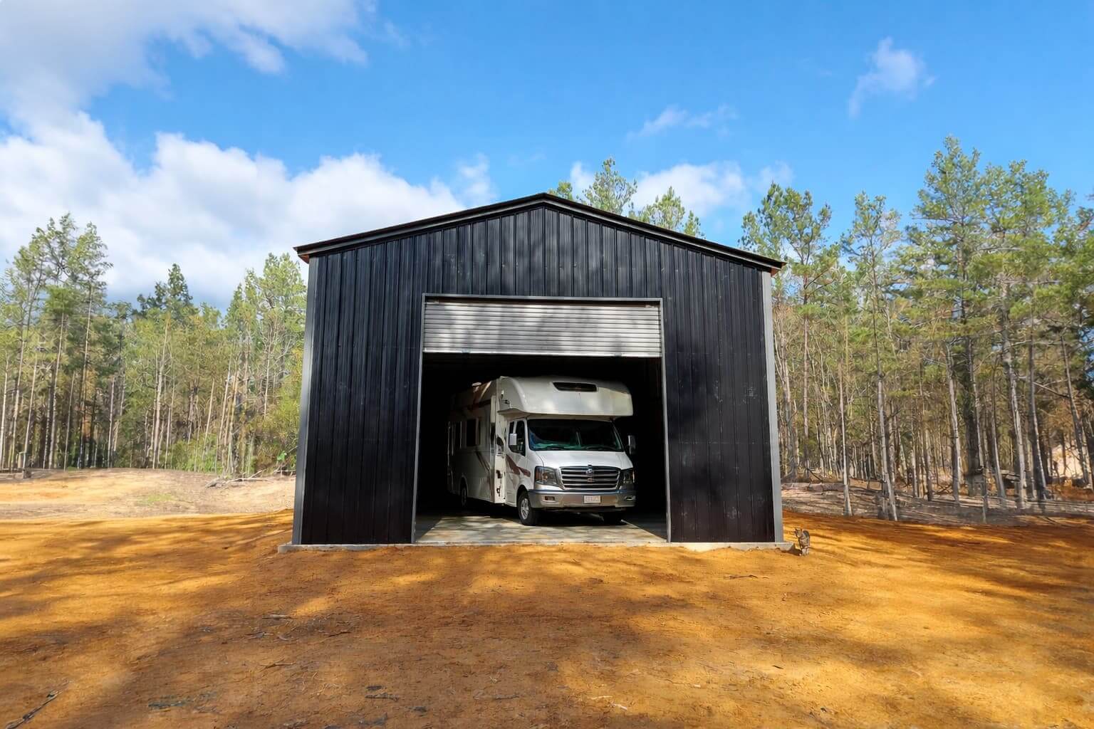 A fully enclosed black metal RV garage with an open overhead door revealing a Class C motorhome parked inside, set against a backdrop of pine trees and showing the highest-protection covered storage option for an RV.
