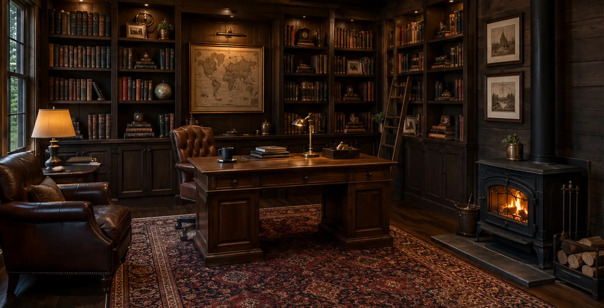 Traditional dark wood home office library with built-in bookshelves, executive desk, leather seating, and wood-burning stove.