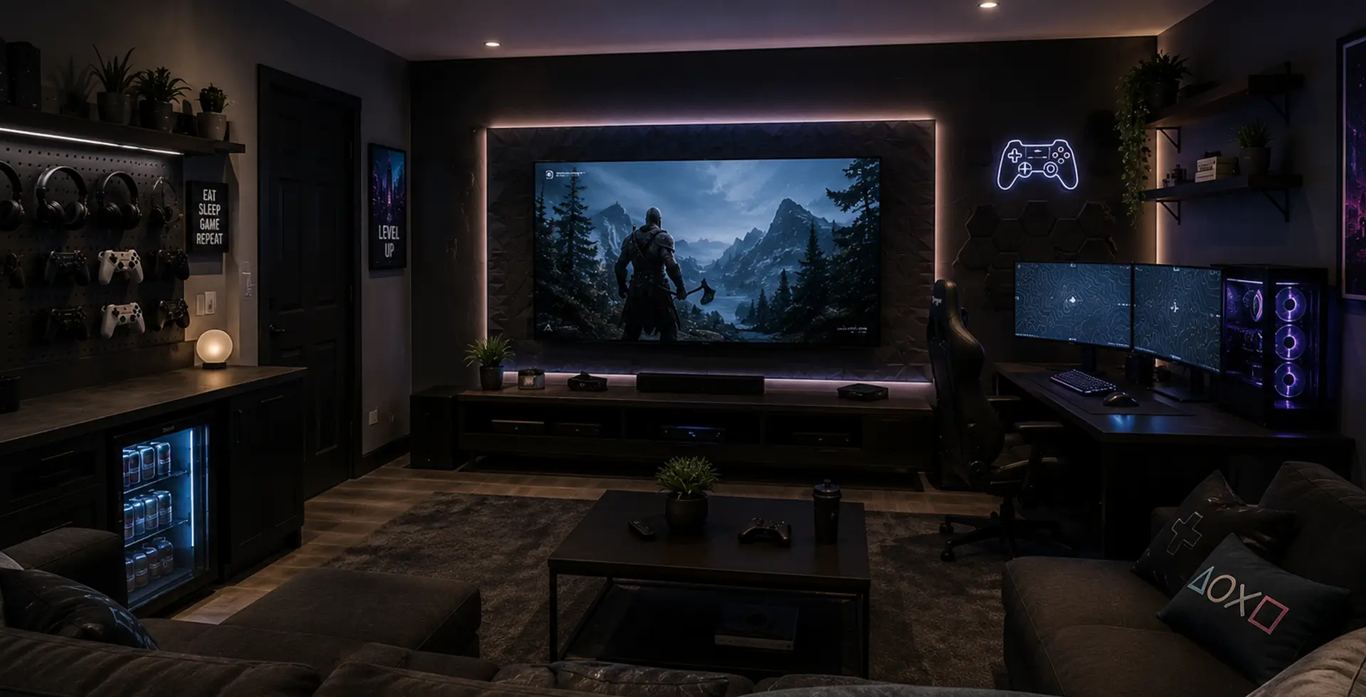 Modern gaming room with large-screen TV, dual-monitor computer setup, controller display, and ambient lighting.
