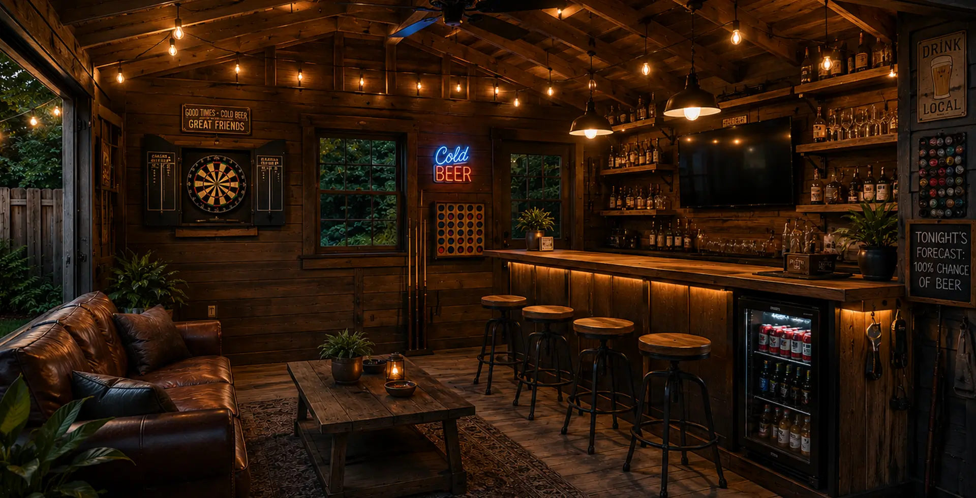 Rustic backyard home bar with wood interior, dartboard, TV, beverage cooler, and leather seating.
