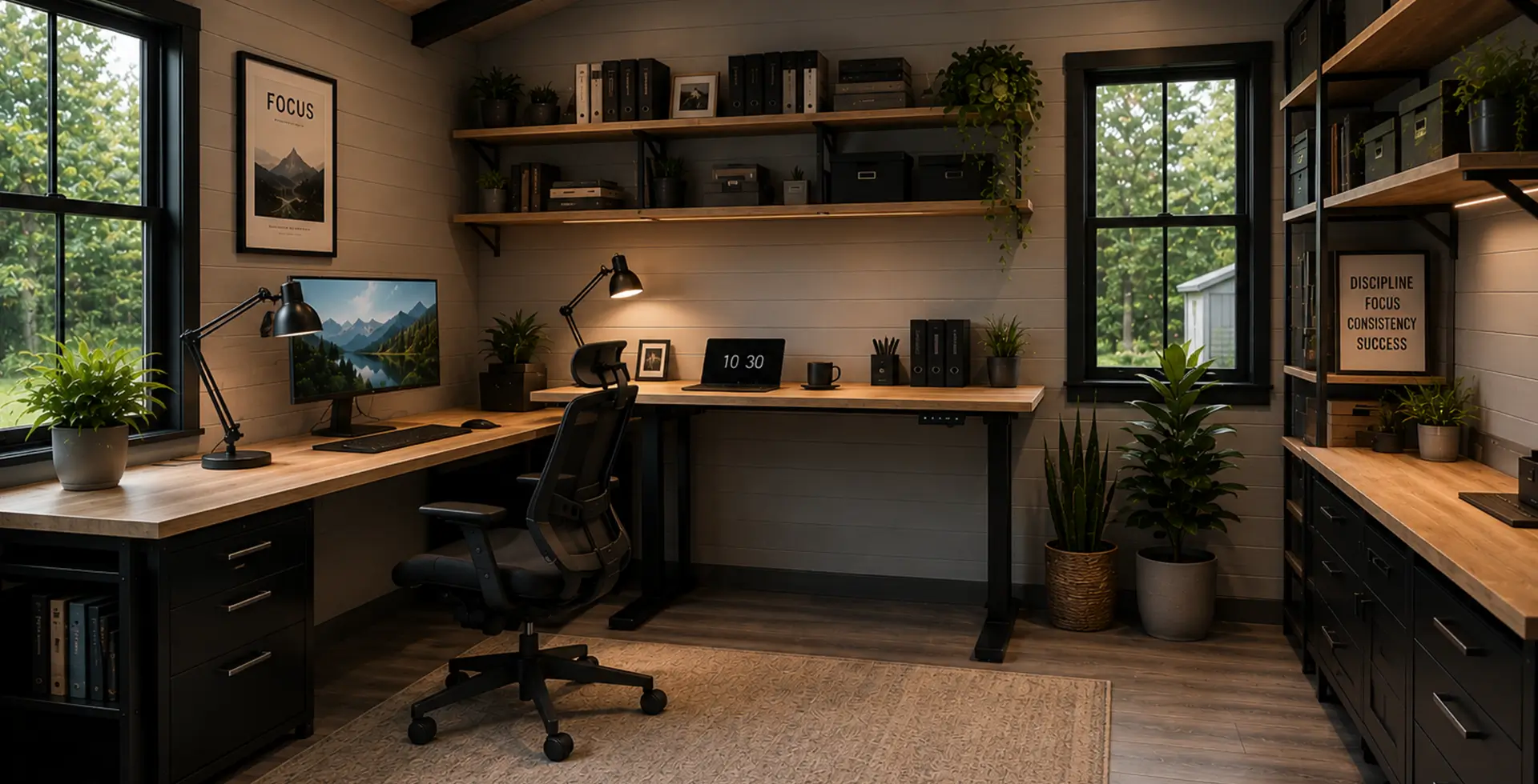 Modern home office with L-shaped wood desk, standing desk, black cabinetry, shelving, and indoor plants.
