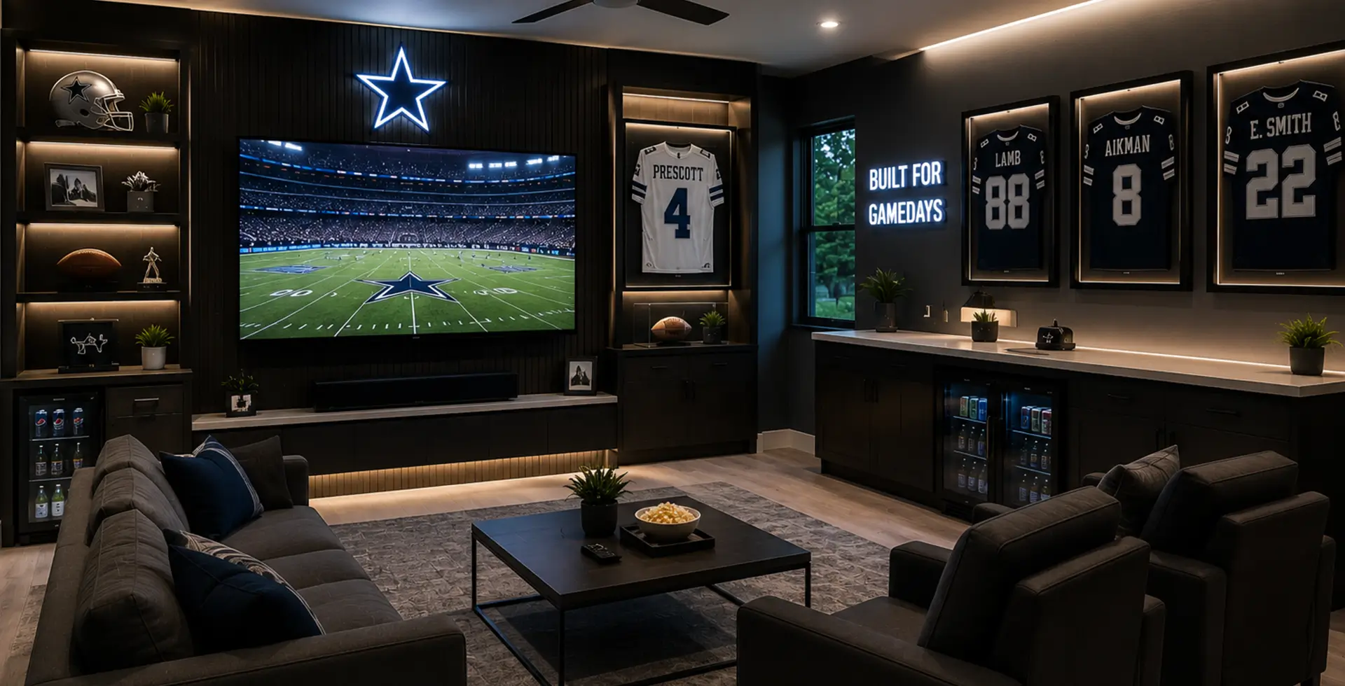Dallas Cowboys-themed home theater with framed football jerseys, large-screen TV, lounge seating, and built-in bar.
