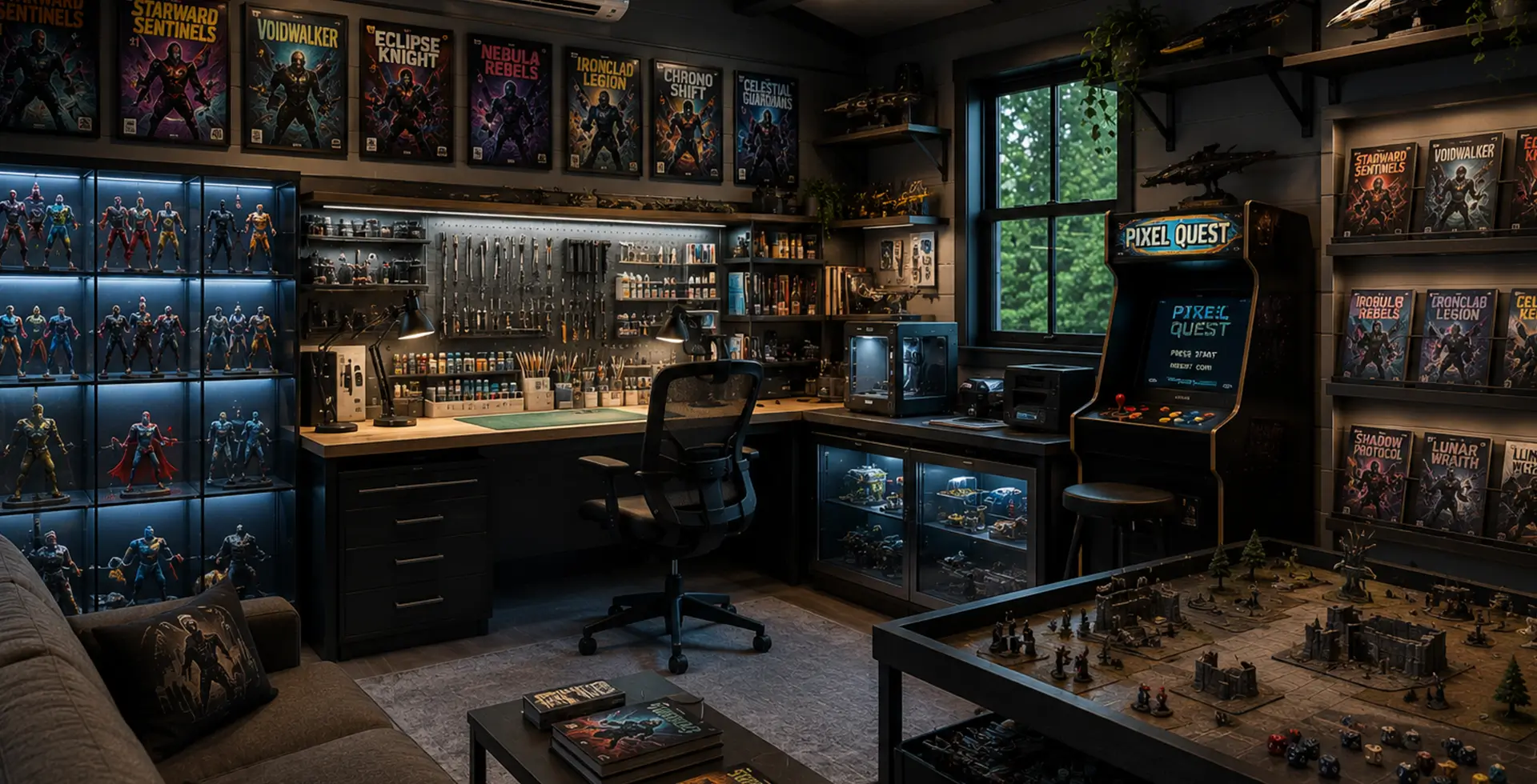 Dark hobby room with collectible figures, miniature painting workstation, tabletop gaming setup, and arcade cabinet.