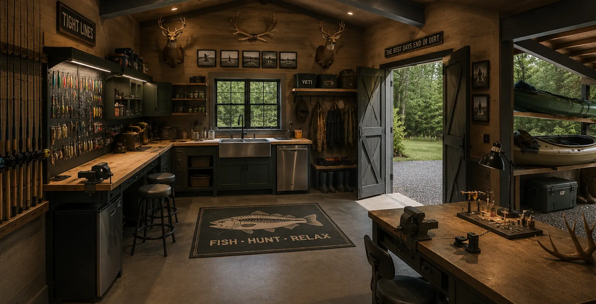 Rustic fishing and hunting workshop with organized tackle, workbenches, storage cabinets, and wall-mounted kayaks.