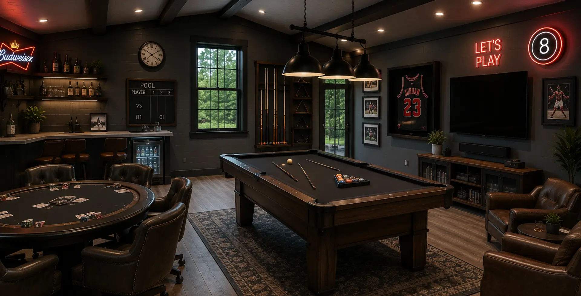Luxury game room with pool table, poker table, home bar, large TV, and Michael Jordan memorabilia.