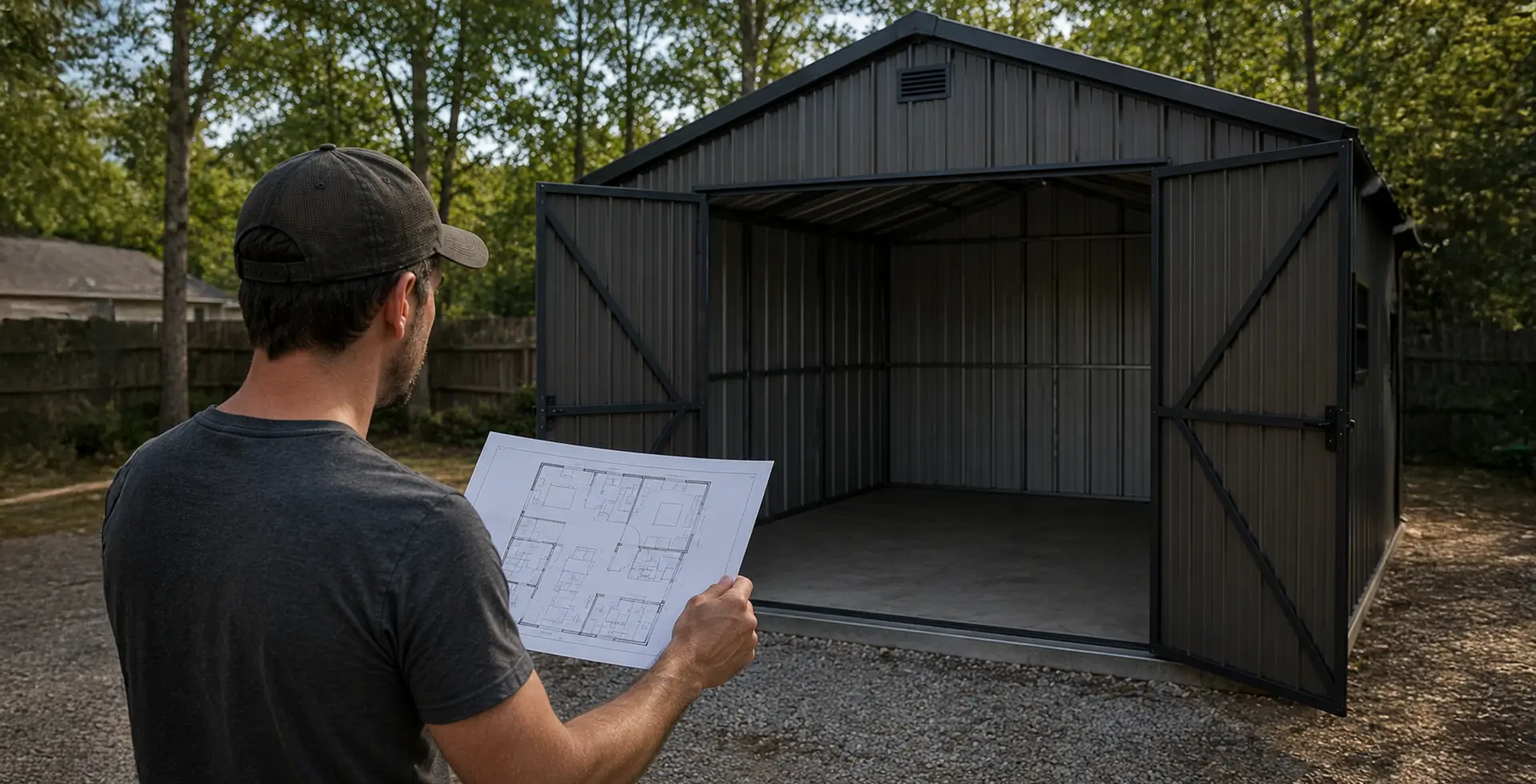 Man reviewing building plans in front of an open dark gray metal storage shed.
