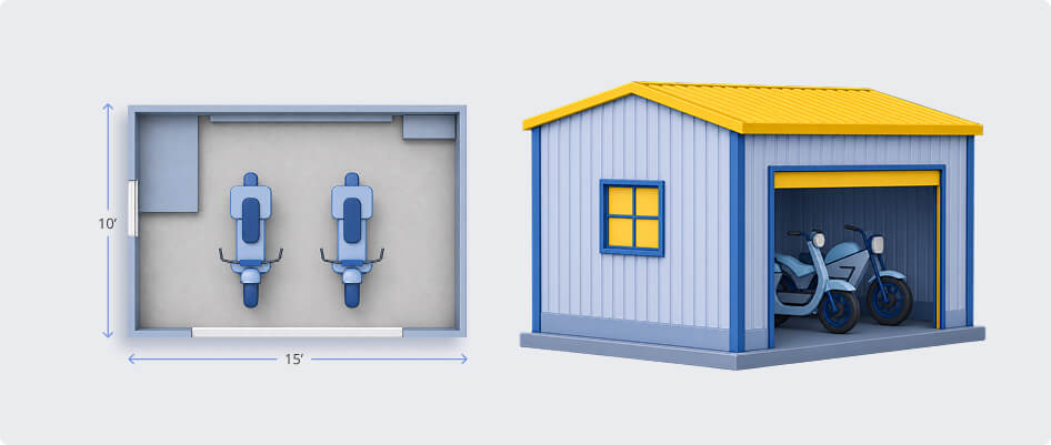 10x15 motorcycle storage unit floor plan and building, fitting two bikes or one bike plus a workbench