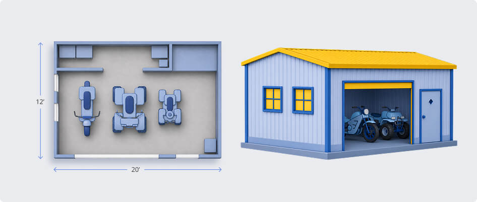 12x20 motorcycle storage unit floor plan and building, fitting multiple bikes and ATVs with combined workshop and storage space
