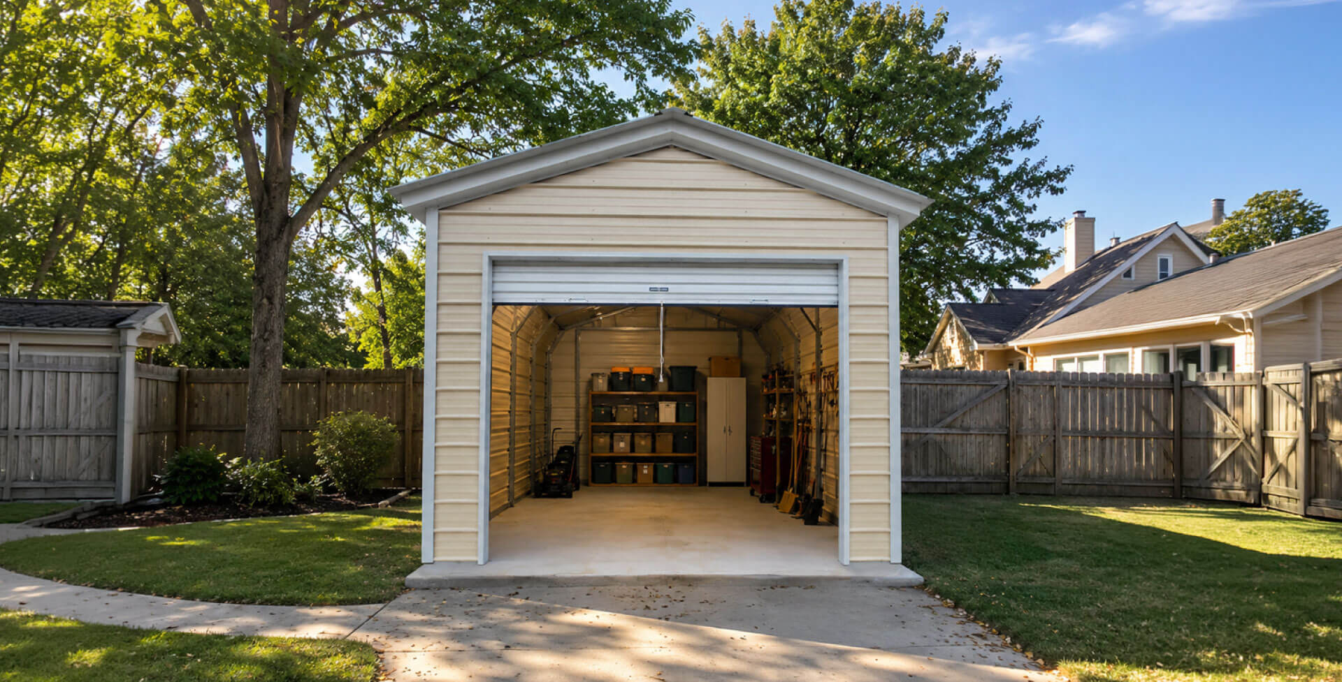 Beige prefab metal single-car garage with an open roll-up door and organized storage inside.
