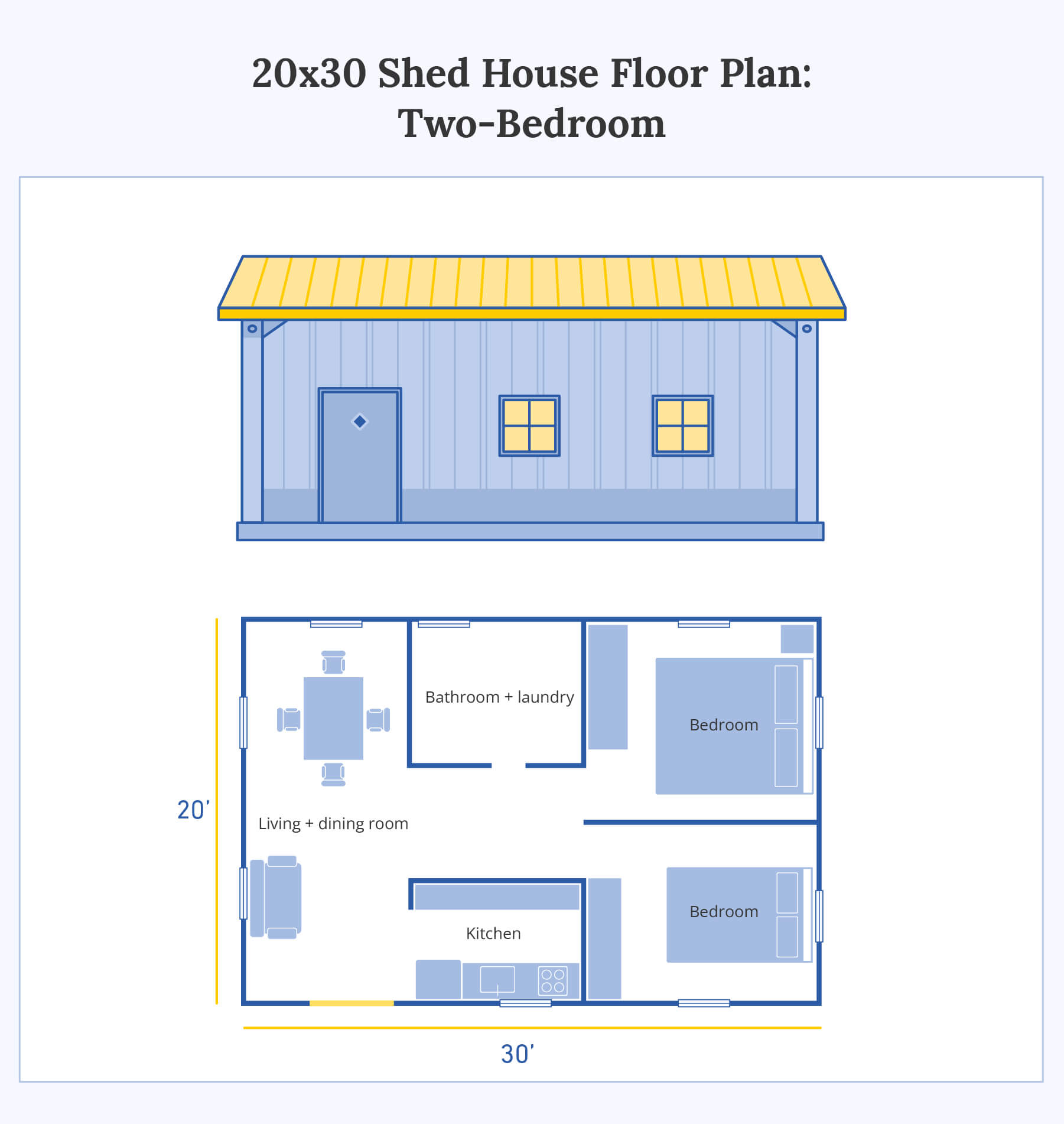 20-by-30-foot two-bedroom shed house floor plan with living and dining space, kitchen, and bathroom with laundry.