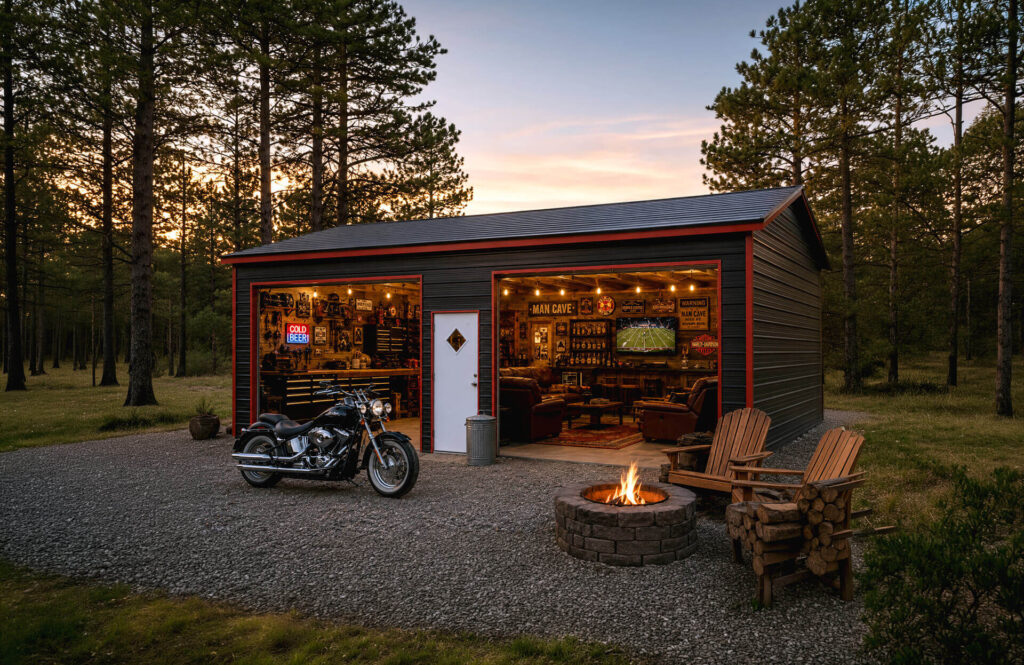 A black metal garage converted into a cozy man cave with both garage doors open, warm interior lighting, a motorcycle parked outside, and a fire pit with chairs at dusk