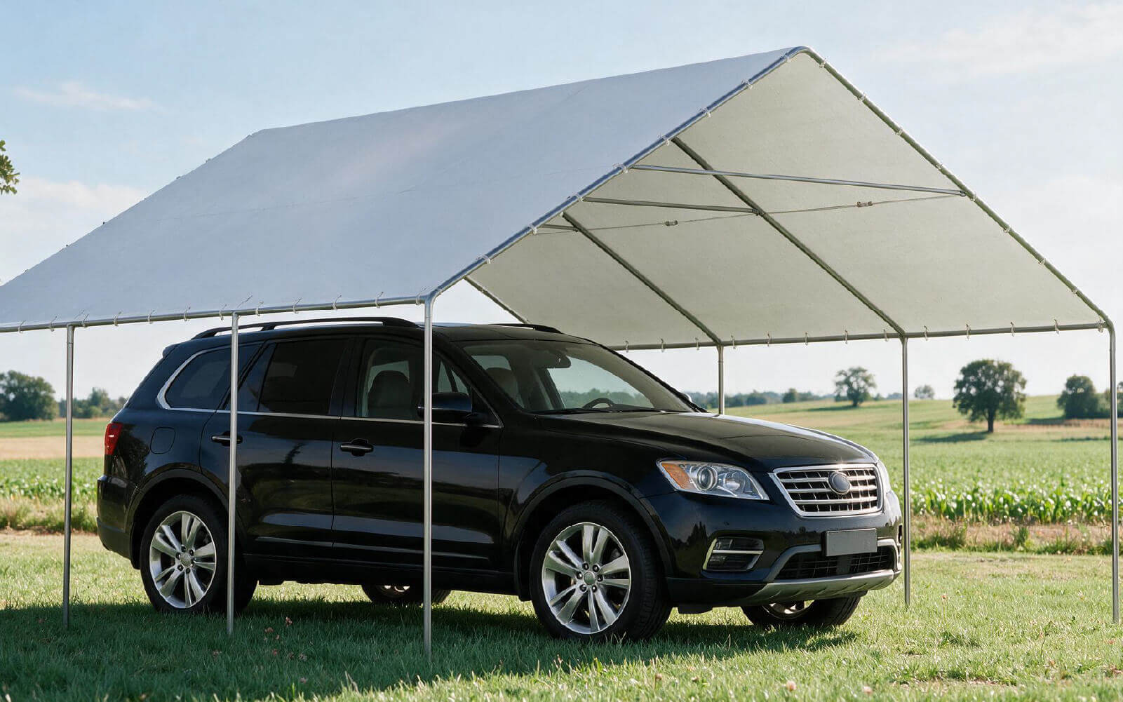 Car under a fabric canopy shelter