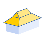 Illustration of a Dutch gable roof, a small gable positioned on top of a hip roof to add attic space and light.