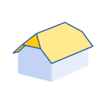 Illustration of a half-hip roof, a gable roof with the top corners of the gable ends clipped off, also known as a jerkinhead roof.