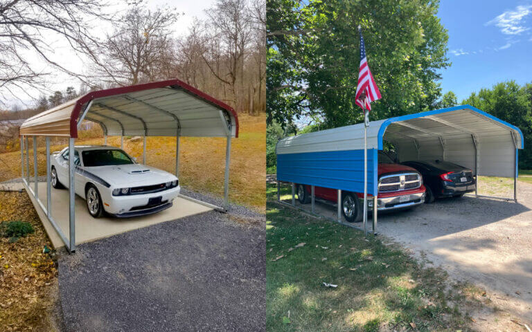 White muscle car under a red-trim metal carport beside a blue-trim double carport from Alan's Factory Outlet with a pickup and car