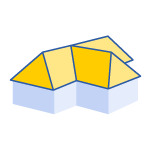 Illustration of a hip-and-valley roof, where multiple hip sections meet to form valleys on a complex building footprint.
