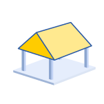 Illustration of a pavilion roof, a four-sided hip roof over an open structure such as a gazebo.