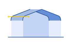 Illustration of a regular roof on a metal building, a curved, rounded A-frame roof style with a yellow arrow indicating the curve of the panels.