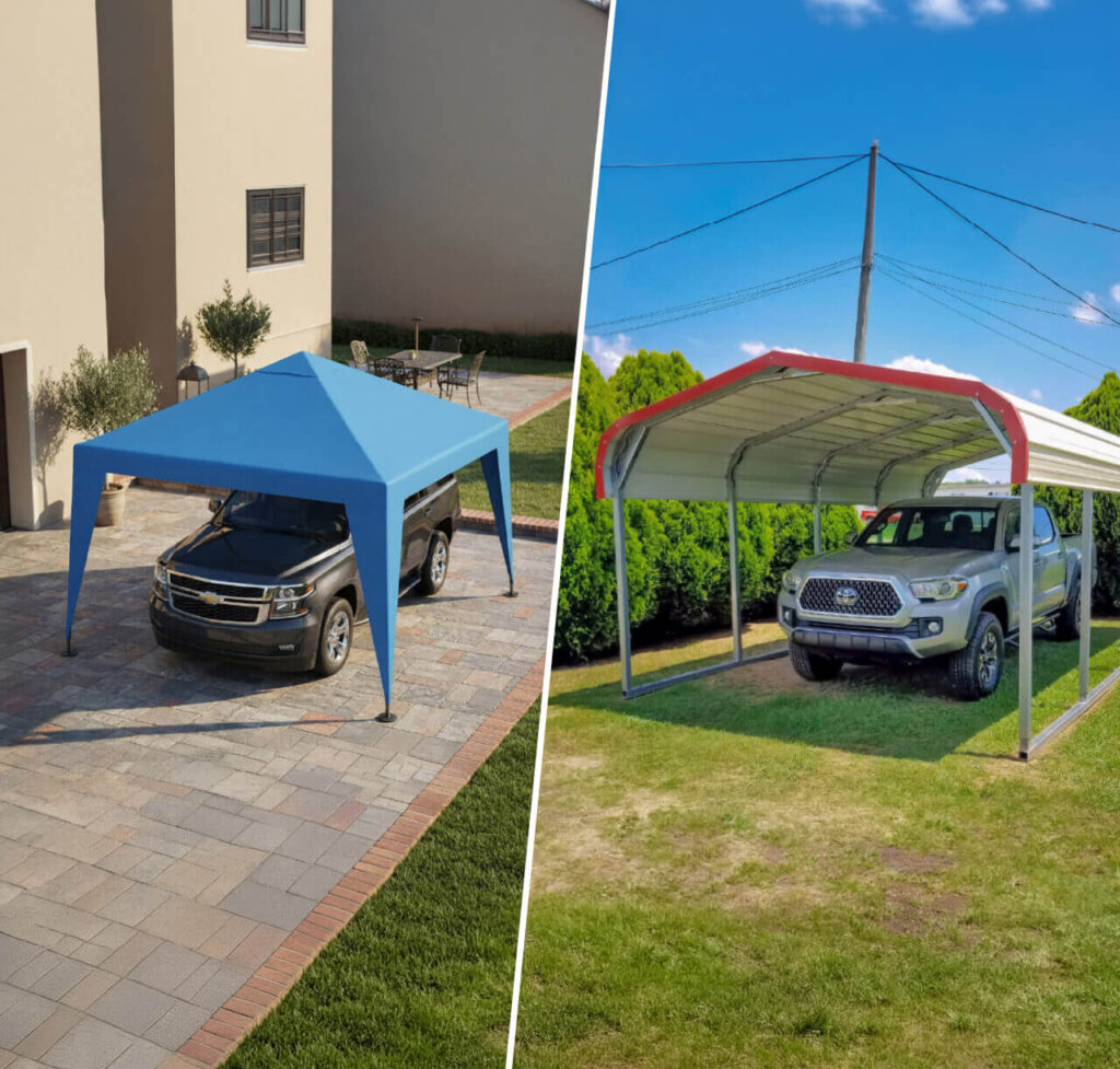 A side-by-side comparison of two vehicle covers. On the left, a black SUV parked on a brick paver driveway under a blue fabric carport canopy with a peaked roof and four legs. On the right, a silver Toyota Tacoma pickup truck parked on grass under a permanent metal carport with a curved red-and-white roof and galvanized steel support posts.