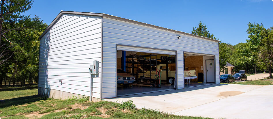 Metal building with two garage doors