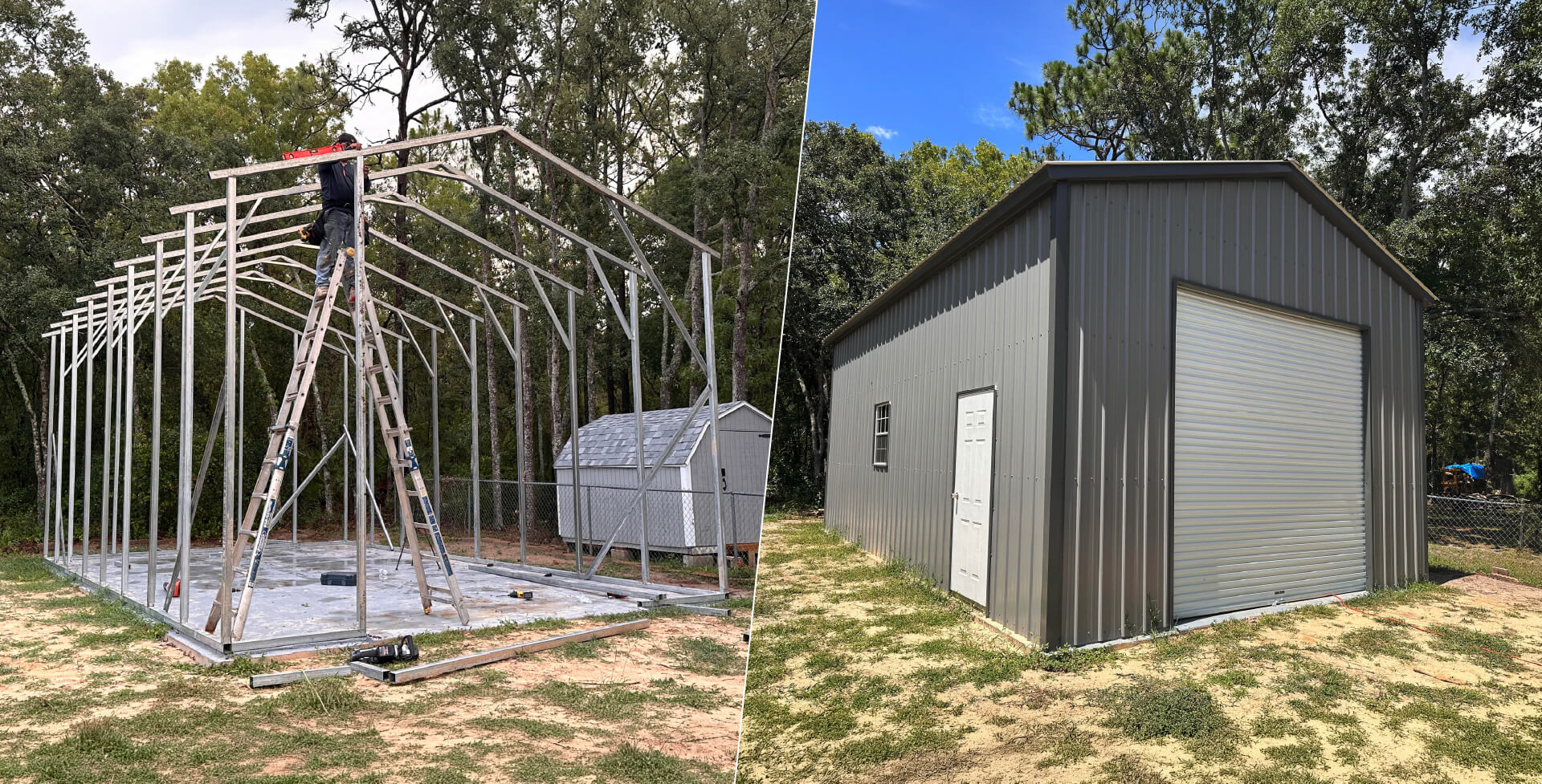 Before-and-after comparison showing a metal garage frame under construction and the completed gray metal garage with a roll-up door and walk-in entry.