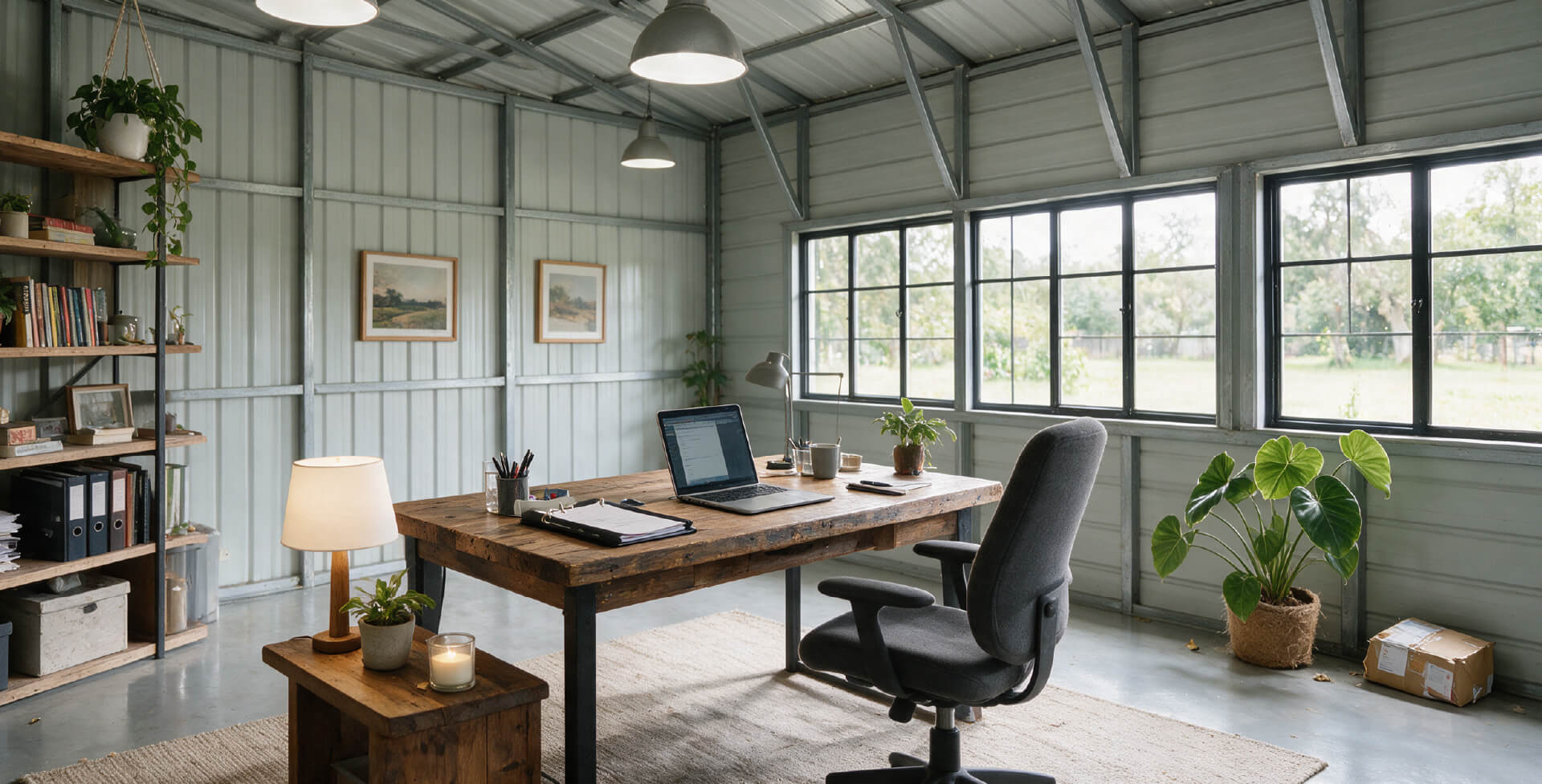 Metal building home office with a wooden desk, laptop, office chair, shelving, plants, and large windows providing natural light.