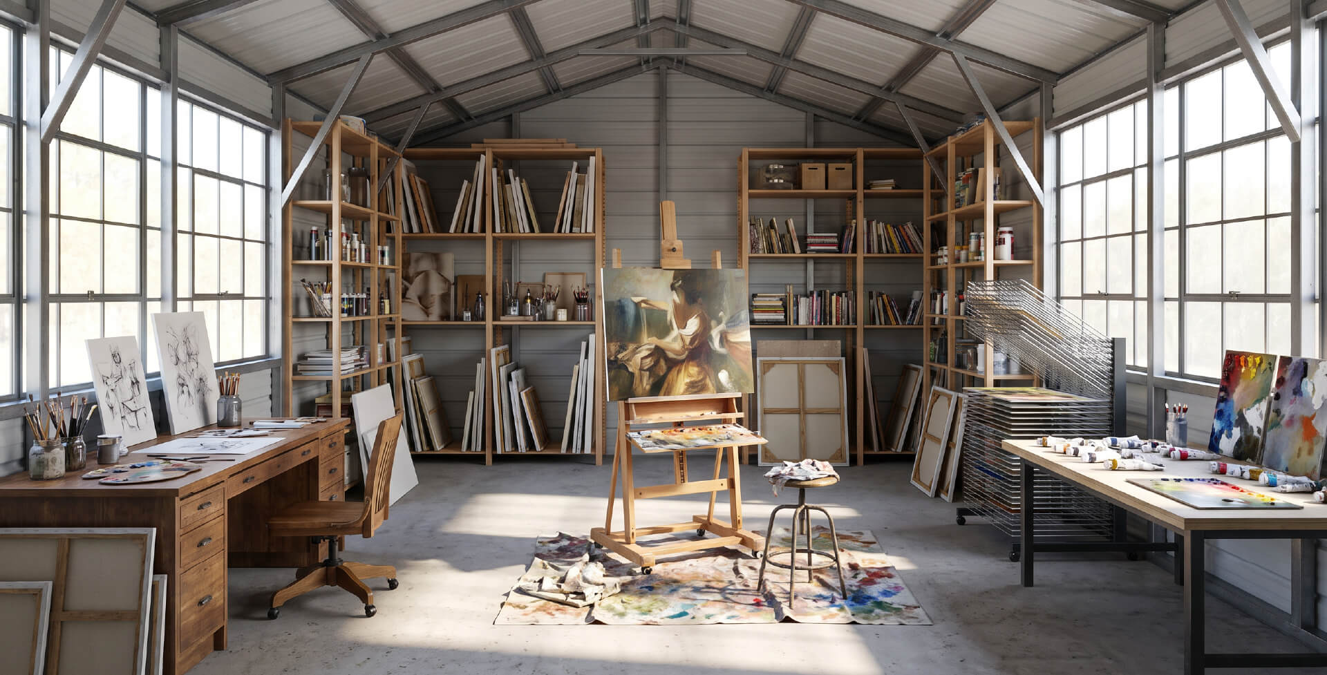 Bright metal building art studio with large windows, easel, paintings, worktables, shelving, art supplies, and open creative workspace.