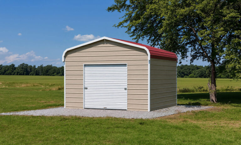Metal garage in grassy field