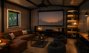 Cozy finished metal building cabin retreat with sectional sofa, large projection screen, warm accent lighting, shelving, and wood-paneled interior.