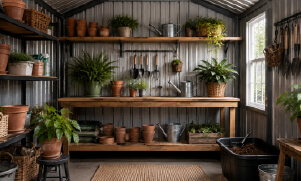 Interior of a metal garden shed with shelves of terracotta pots, gardening tools, plants, storage baskets, and windows.