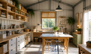 Finished metal building hobby room with worktables, storage cabinets, shelving, craft supplies, plants, and natural light from a large window.