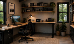 Finished metal building home office with an L-shaped desk, computer workstation, shelving, office chair, window, and decorative plants.