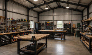 Spacious metal workshop interior with workbenches, tool storage, shelving, equipment, and exposed steel roof framing.